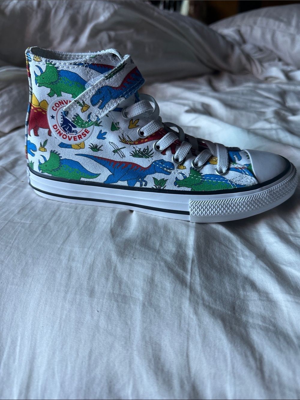 Converse Kids White High-Top Sneakers with Blue, Green, Red and Yellow Dinosaurs